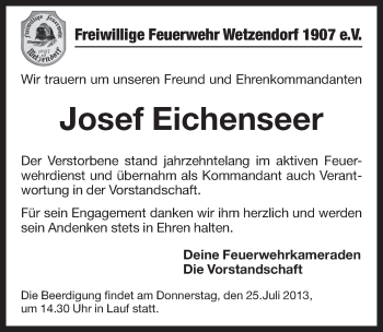 Traueranzeige von Josef Eichenseer von Pegnitz-Zeitung